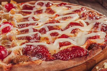 Brazilian sweet pizza with guava candy with cheese and condensed milk. (Pizza Romeu e Julieta) - Closeup.