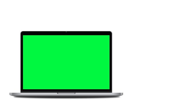 Laptop mockup with green screen, front view, isolated on white background. 4K animation