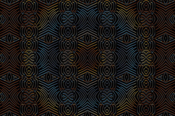 Geometric volumetric convex 3D pattern. Embossed fantasy black background in oriental, indian, mexican, aztec styles. Shiny texture with ethnic decorative ornaments.