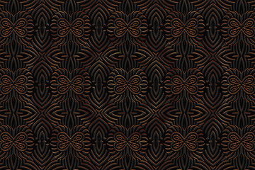 Geometric volumetric convex 3D pattern. Embossed fantasy black background in oriental, indian, mexican, aztec styles. Shiny texture with ethnic abstract ornament.