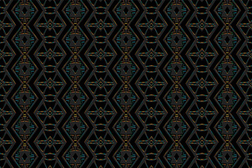 Geometric volumetric convex 3D pattern. Embossed fantasy black background in oriental, indian, mexican, aztec styles. Shiny texture with ethnic trendy ornament.