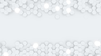 White geometric hexagonal abstract background. Hexagonal honeycomb. Abstract white self-luminous hexagons.