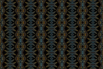 Geometric volumetric convex 3D pattern. Embossed fantasy black background in oriental, indian, mexican, aztec styles. Shiny texture with ethnic artistic ornament.
