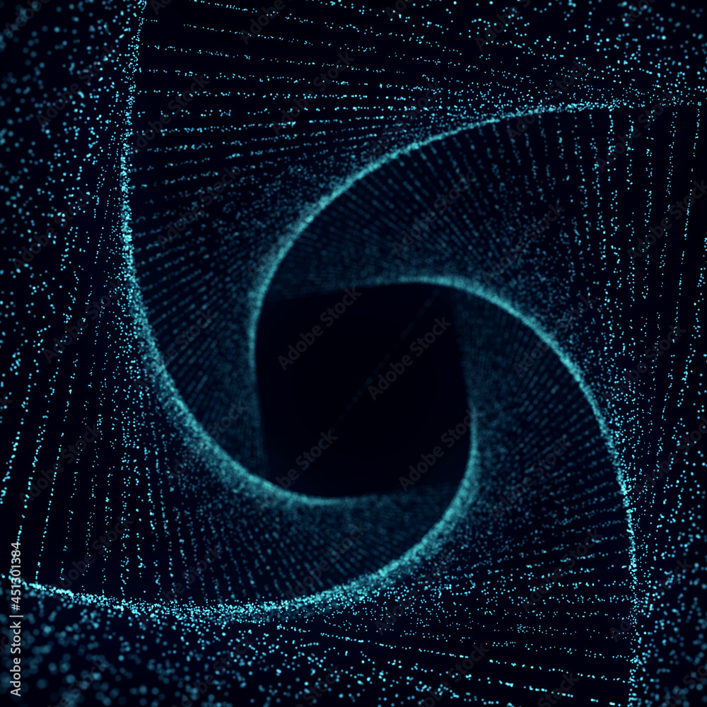 Poster Abstract fractal lighting tunnel. 3d rendering. Swirling blue symbol. Optical illusion. Twisted wormhole. 3D wireframe abstract tunnel.
