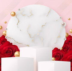 3d Background products for valentine’s day podium in red rose background vector 3d with cylinder. podium stand to show cosmetic product with craft style on background.