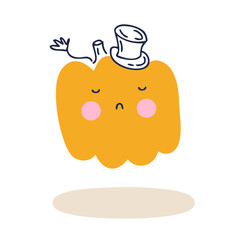 Doodle Halloween illustration of pumpkin in top hat. Perfect for T-shirt, textile and prints. Hand drawn  vector illustration for decor and design.
