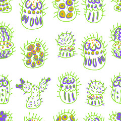 Free hand drawn seamless pattern of cacti doodles. Perfect for scrapbooking, greeting card, poster, textile and prints. Vector illustration for decor and design.
