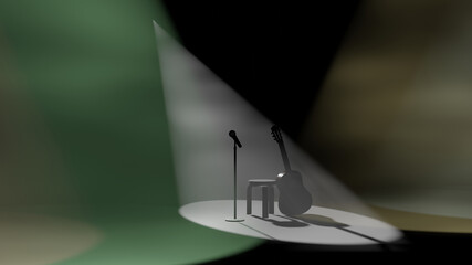 Colorful spotlights are spotting at musical instrument on a stage with dry ice smoke (3D Rendering)