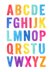 English alphabet in bright rainbow colors: red, orange, yellow, teal, light blue, navy, purple and pink. Handdrawn water color graphic drawing on white background, cut out clipart elements for design.