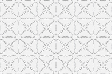 3D volumetric convex embossed geometric unique white background. Ethnic pattern, arabesque texture. Oriental, Asian, Indonesian minimalist ornaments for design. 