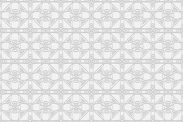 3D volumetric convex embossed geometric unique white background. Ethnic pattern, arabesque texture. Oriental, Asian, Indonesian decorative ornaments for design. 