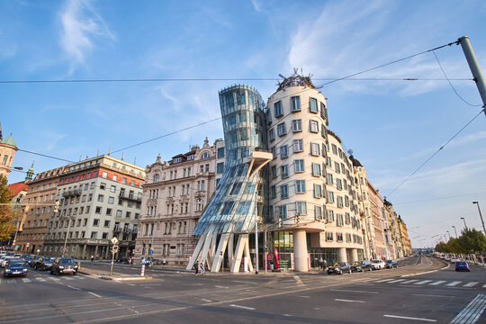 Prague, Czech Republic, June 17, 2021 Dancing house landmark of Prague. blue sky in background