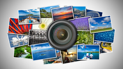 dslr photo camera lens on various colorful image paper prints. photography online gallery...