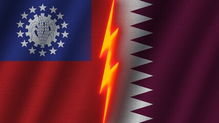 Qatar and Mexico Flags Together, Wavy Fabric Texture Effect, Neon Glow Effect, Shining Thunder Icon, Crisis Concept, 3D Illustration