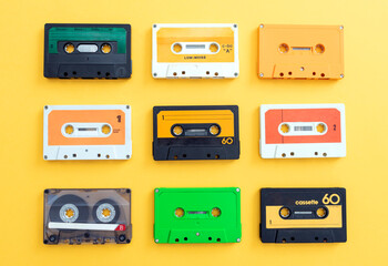 VINTAGE CASSETTE TAPES LOOP ISOLATED ON YELLOW BACKGROUND.