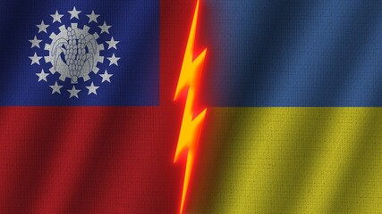 Ukraine and Mexico Flags Together, Wavy Fabric Texture Effect, Neon Glow Effect, Shining Thunder Icon, Crisis Concept, 3D Illustration