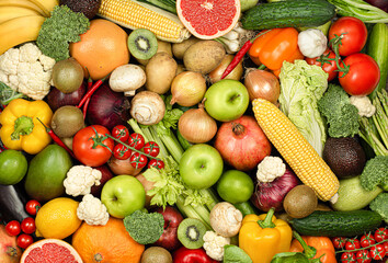 background of many fresh vegetables and fruits