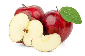 two whole apples, one half and one slice on an isolated white background