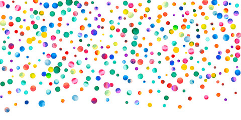Watercolor confetti on white background. Alluring rainbow colored dots. Happy celebration wide colorful bright card. Noteworthy hand painted confetti.