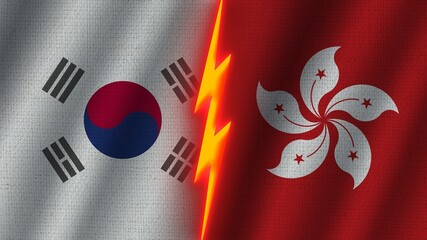 Hong Kong and South Korea Flags Together, Wavy Fabric Texture Effect, Neon Glow Effect, Shining Thunder Icon, Crisis Concept, 3D Illustration