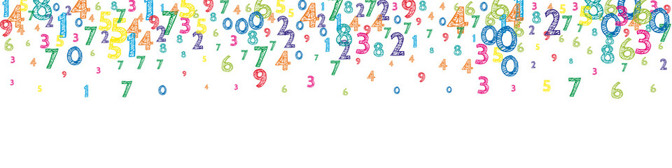 Falling colorful orderly numbers. Math study concept with flying digits. Comely back to school mathematics banner on white background. Falling numbers vector illustration.