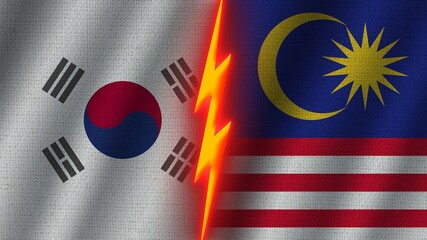 Malaysia and South Korea Flags Together, Wavy Fabric Texture Effect, Neon Glow Effect, Shining Thunder Icon, Crisis Concept, 3D Illustration