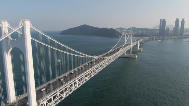 Aerial view of Gwangandaegyo bridge in Busan. May, 2021. 광안대교.