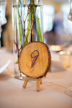 Wood stump with number nine engraved on it table place indicator at wedding recetion table
