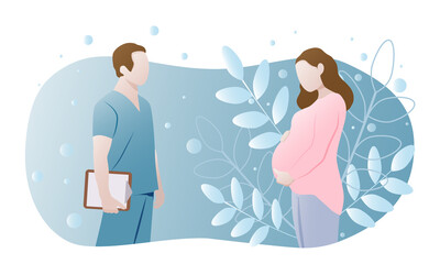 A pregnant woman with a doctor on a blue background with leaves. Vector illustration in a flat style.