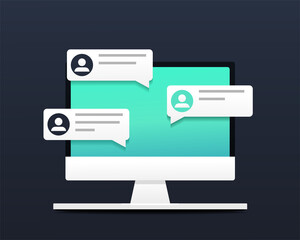 Chat messages notification on computer screen. Messages bubbles with user profile. Online talking, speak, conversation, dialog concept. Illustration vector