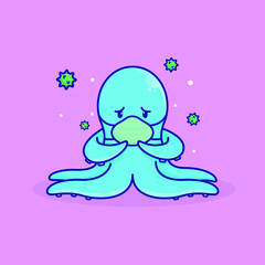 cute octopus wearing mask cover from virus illustration
