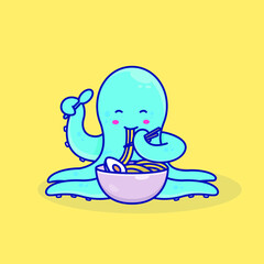 cute octopus eating ramen illustration
