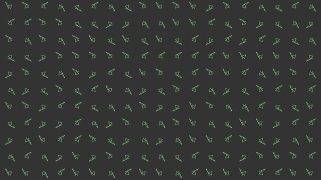 Same size spinning green neon triangles on a black background, seamless loop. Motion. Symmetrical geometric pattern with rows of figures and lines.