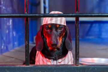 Portrait of severe dachshund dog in striped prison uniform with cap, sitting behind bars for crimes...