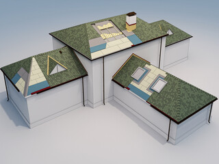 3d render of the cottage roof scheme. Sectional roof of the house. Laying tiles