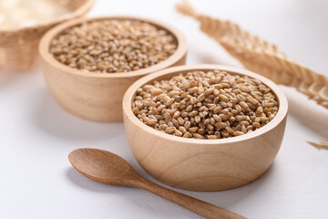 Wheat grain in a wooden bowl and spoon on white background