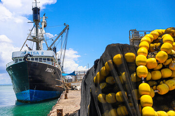 Black fishing net with yellow float for fishing boat or sardine  Pacifico  port. sardine boat. Yavaros Bay 