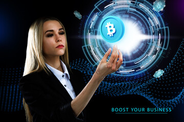 Business, Technology, Internet and network concept. Young businessman working on a virtual screen of the future and sees the inscription: Boost your business