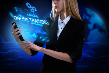 Business, Technology, Internet and network concept. Young businessman working on a virtual screen of the future and sees the inscription: Online training