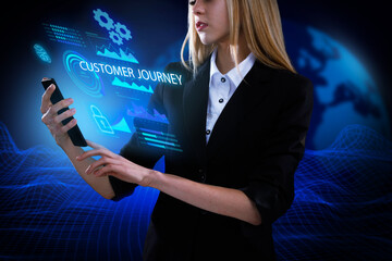 Business, Technology, Internet and network concept. Young businessman working on a virtual screen of the future and sees the inscription: Customer journey
