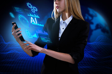 Business, Technology, Internet and network concept. Young businessman working on a virtual screen of the future and sees the inscription: AI