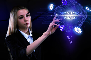 Business, Technology, Internet and network concept. Young businessman working on a virtual screen of the future and sees the inscription: Optimization process