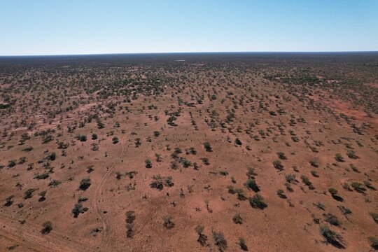 Outback Australia Aerial Drone Wide Shot Over The Picturesque Wild Rural Dry Red Center Desert Landscape Of Western Australia