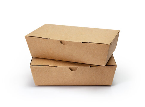 Stack of takeaway cardboard food boxes on white background
