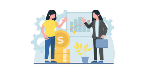 Flat design concept of meeting, business presentation, training, annual report. Vector illustration for website banner, marketing material, business presentation, online advertising.