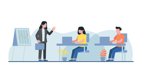 Flat design concept of meeting, business presentation, training, annual report. Vector illustration for website banner, marketing material, business presentation, online advertising.