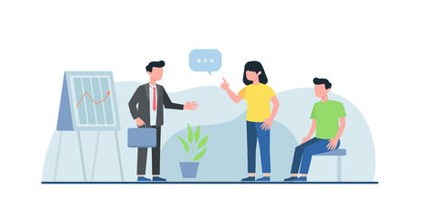 Flat design concept of meeting, business presentation, training, annual report. Vector illustration for website banner, marketing material, business presentation, online advertising.