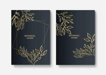 Vector Black and Gold Design Templates Set with Floral Leaves Borders