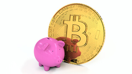 Representation of a golden coin next to a pink piggy bank, isolated on a white background.
