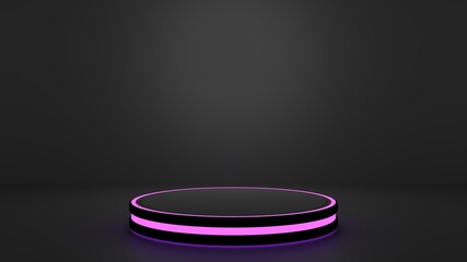 Round black pod with purple or purple lights on a black background. Ideal for video game products, gamers, or technology products.